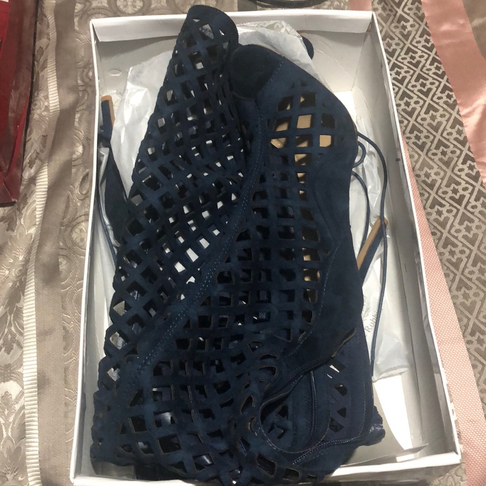 Royal blue thigh length open toe heels